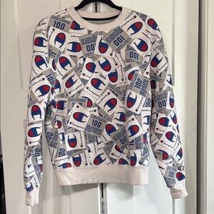 Champion Crewneck Sweater White and Blue with Logo Pattern sz s